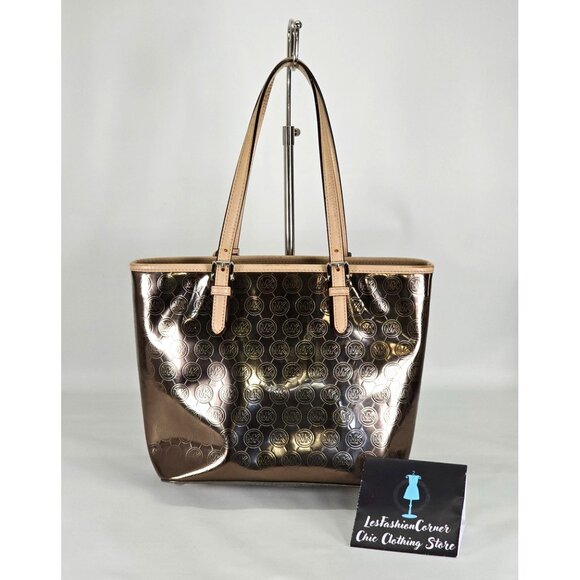Michael Kors Women's Chrome/Tan Jet Set MK Snap Pocket Tote Size Medium 170 - Picture 9 of 16